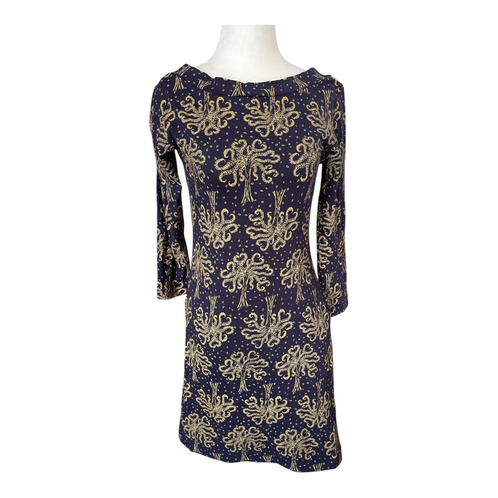 Effie’s Heart Renee Tunic Dress Medium Navy Blue Botanical Print Long Sleeve NWT